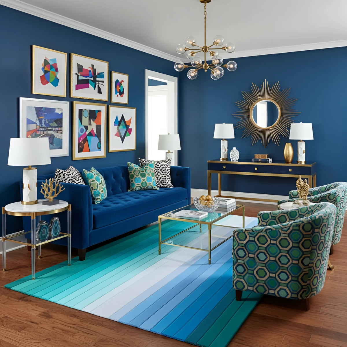 Modern living room with blue walls, blue ombre rug, a blue sofa, and colorful decor.