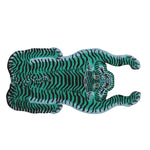 Vibrant Blue and Green Tiger Yogi Accent Wool Rug featuring an abstract tiger design. Perfect as a large area rug for living rooms or dining rooms, this wool rug adds a bold touch to any space.