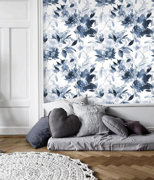 Blue and White Watercolor Abstract Floral Wallpaper - MAIA HOMES