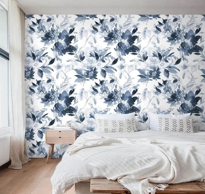 Blue and White Watercolor Abstract Floral Wallpaper