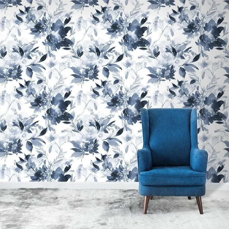 Blue and White Watercolor Abstract Floral Wallpaper