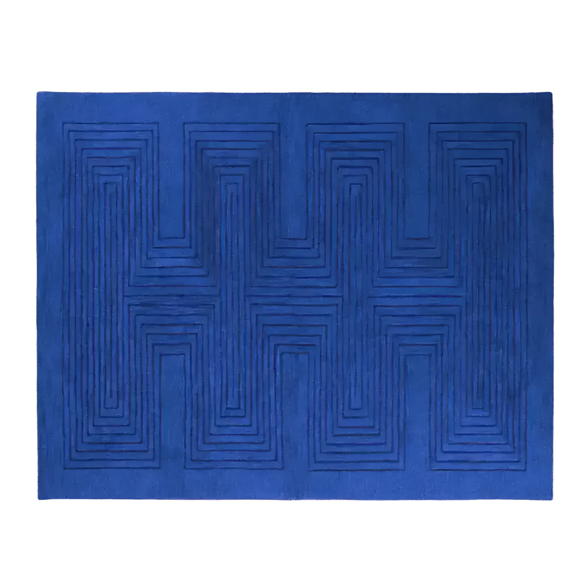 A top view of the Blue Arctic Geo Modern Hand Tufted Wool Rug, measuring 8 x 10 ft. This elegant area rug features intricate geometric patterns in rich blue tones, perfect for enhancing the decor of living rooms or dining rooms. Ideal as a wool rug for both style and comfort, it's an excellent choice for dining room area rugs or as a centerpiece in your living room.