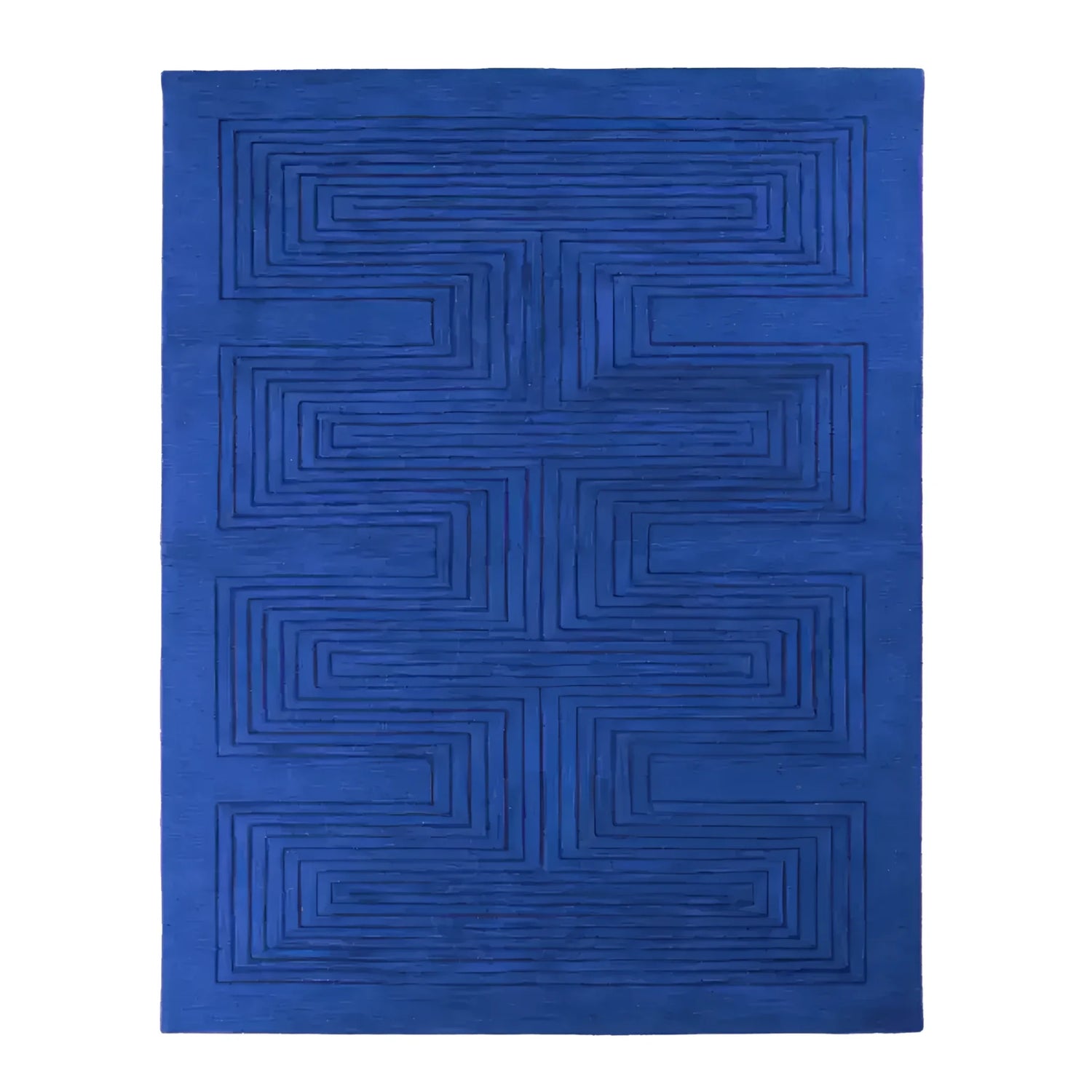 Top view of the Blue Arctic Geo Modern Hand Tufted Wool Rug, 8 x 10 ft. This striking area rug features a geometric pattern, making it a stylish addition to any living room or dining room. Perfect for those seeking quality wool rugs for their home.