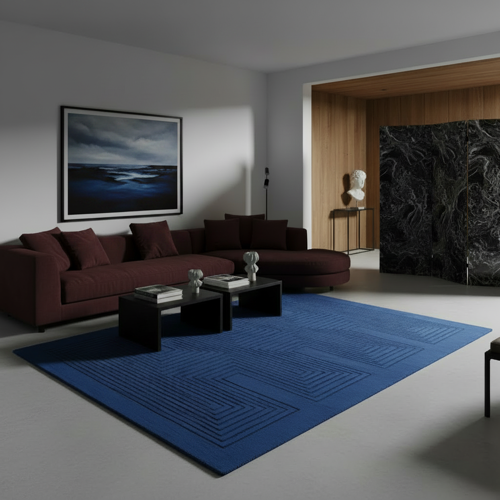 A modern living room featuring a large blue geometric area rug, a dark red sectional sofa, black coffee tables, and a framed dramatic landscape print on the wall.
