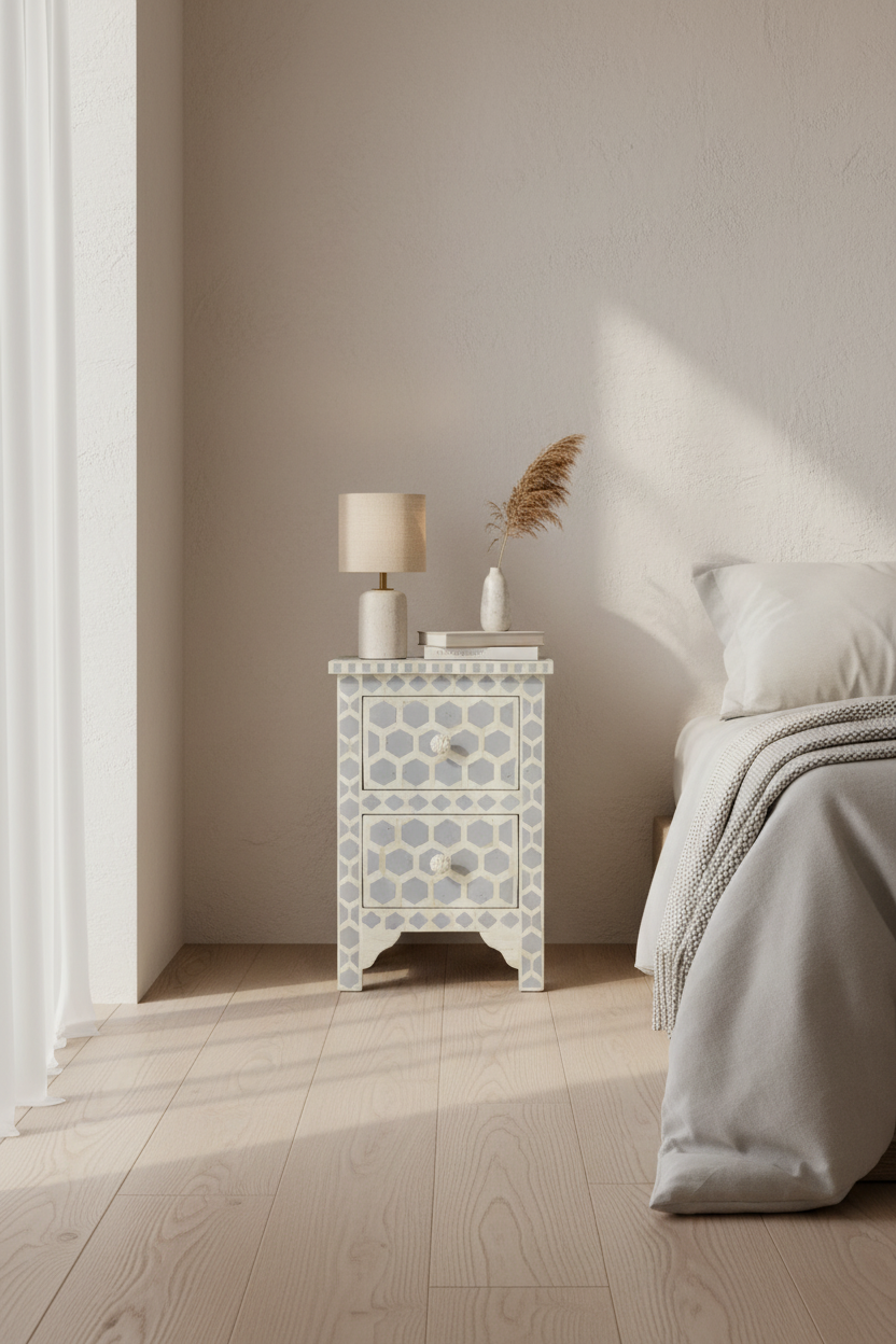 Blue bee pattern 2 drawer nightstand in white, styled with a small lamp beside a bed.