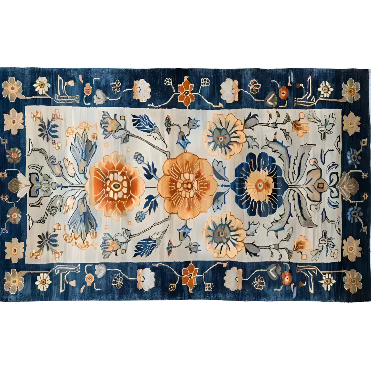 This beautiful Blue Blossom Edge Medium Hand Knotted Wool Rug features an intricate floral design with vibrant blue and orange patterns, perfect as an area rug for your bedroom. This Persian-inspired wool rug adds a touch of elegance and warmth, making it an ideal choice for bedroom area rugs or large area rugs with a captivating floral motif.