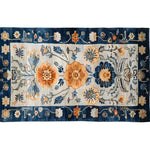 This beautiful Blue Blossom Edge Medium Hand Knotted Wool Rug features an intricate floral design with vibrant blue and orange patterns, perfect as an area rug for your bedroom. This Persian-inspired wool rug adds a touch of elegance and warmth, making it an ideal choice for bedroom area rugs or large area rugs with a captivating floral motif.