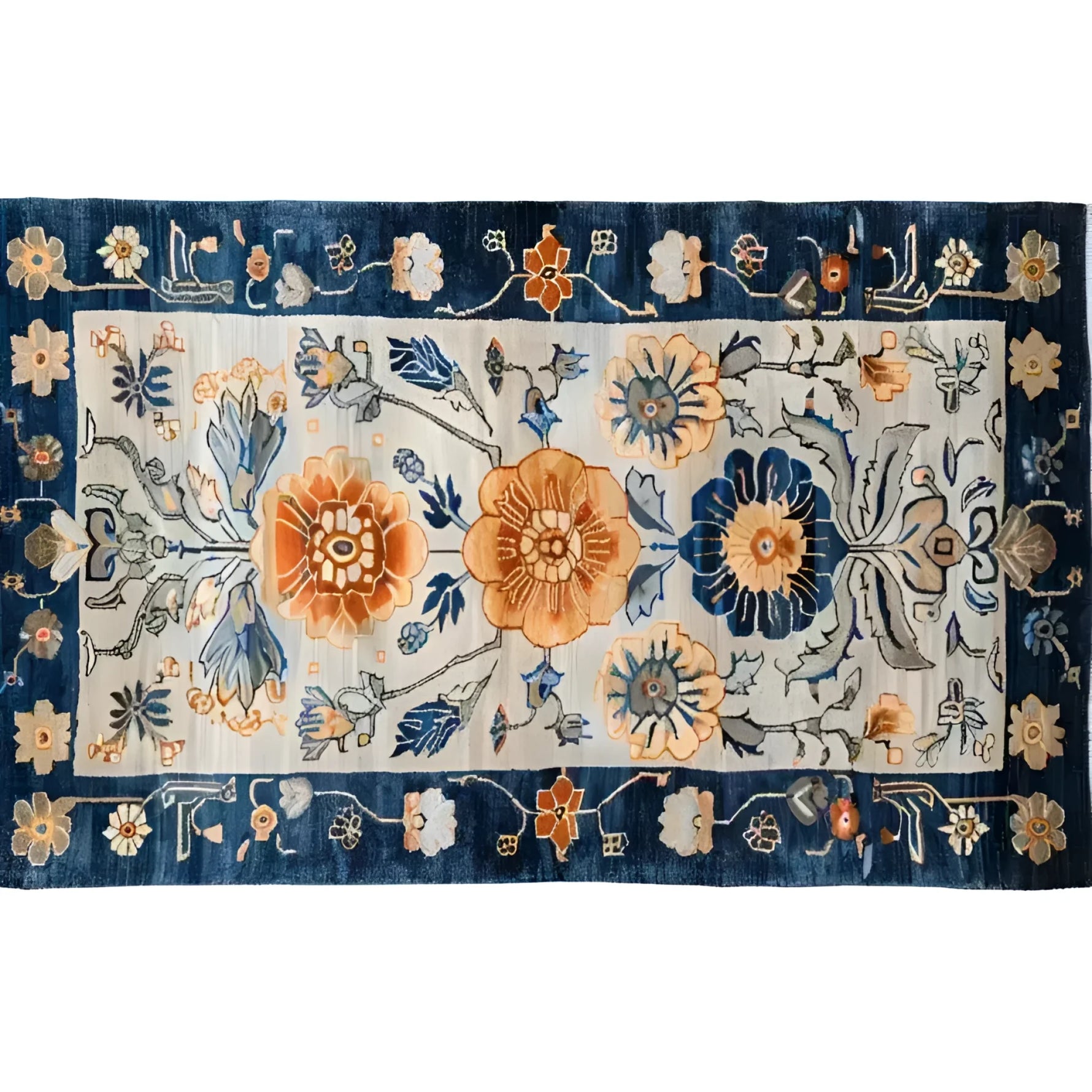 This beautiful Blue Blossom Edge Medium Hand Knotted Wool Rug features an intricate floral design with vibrant blue and orange patterns, perfect as an area rug for your bedroom. This Persian-inspired wool rug adds a touch of elegance and warmth, making it an ideal choice for bedroom area rugs or large area rugs with a captivating floral motif.