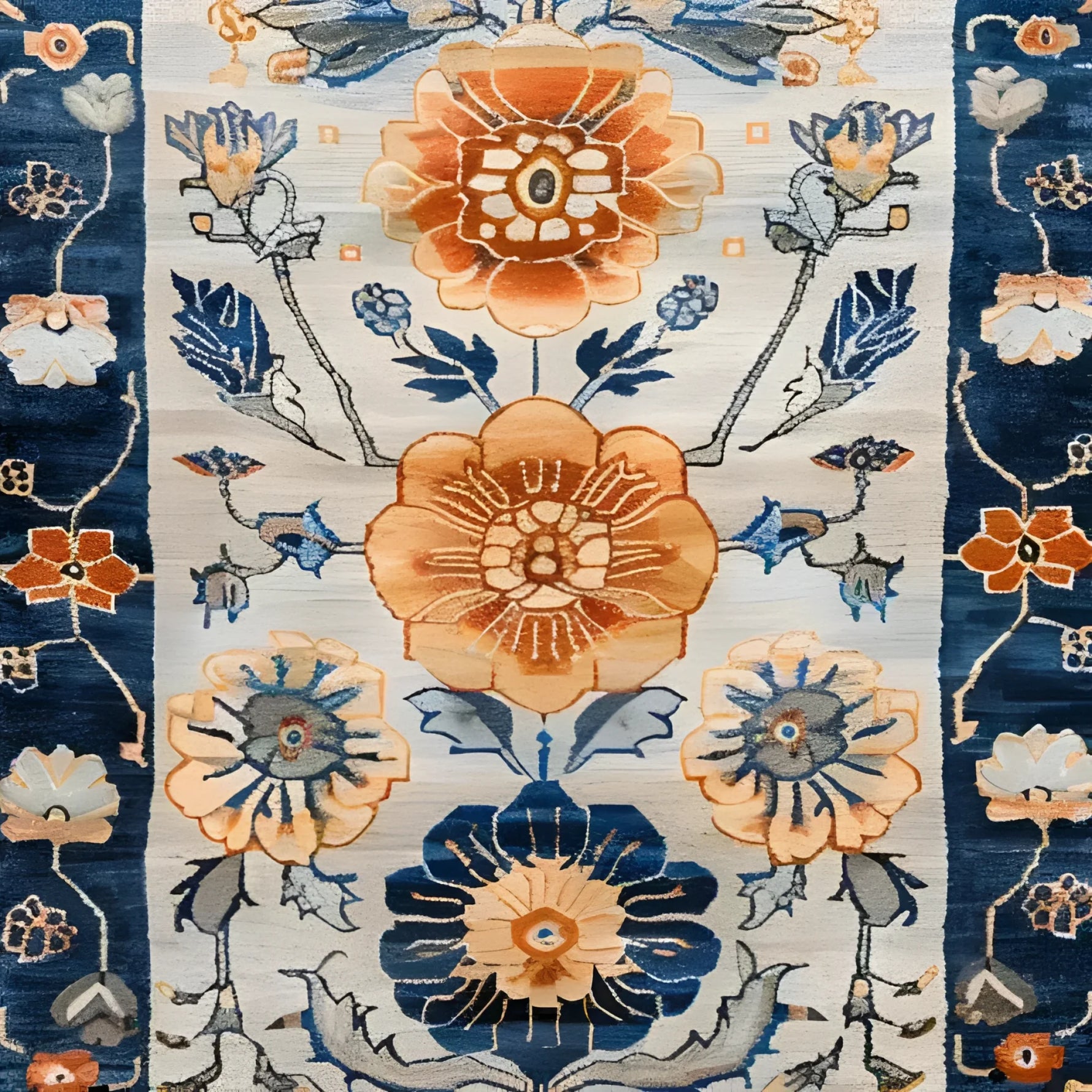 Close-up view of the Blue Blossom Edge Medium Hand Knotted Wool Rug showcasing its intricate floral design. This elegant area rug features vibrant orange and blue flowers against a soft background, perfect for adding a touch of Persian elegance to bedrooms. Ideal as a wool rug for bedrooms, it combines beauty and comfort, making it a standout piece among large area rugs and floral rugs.