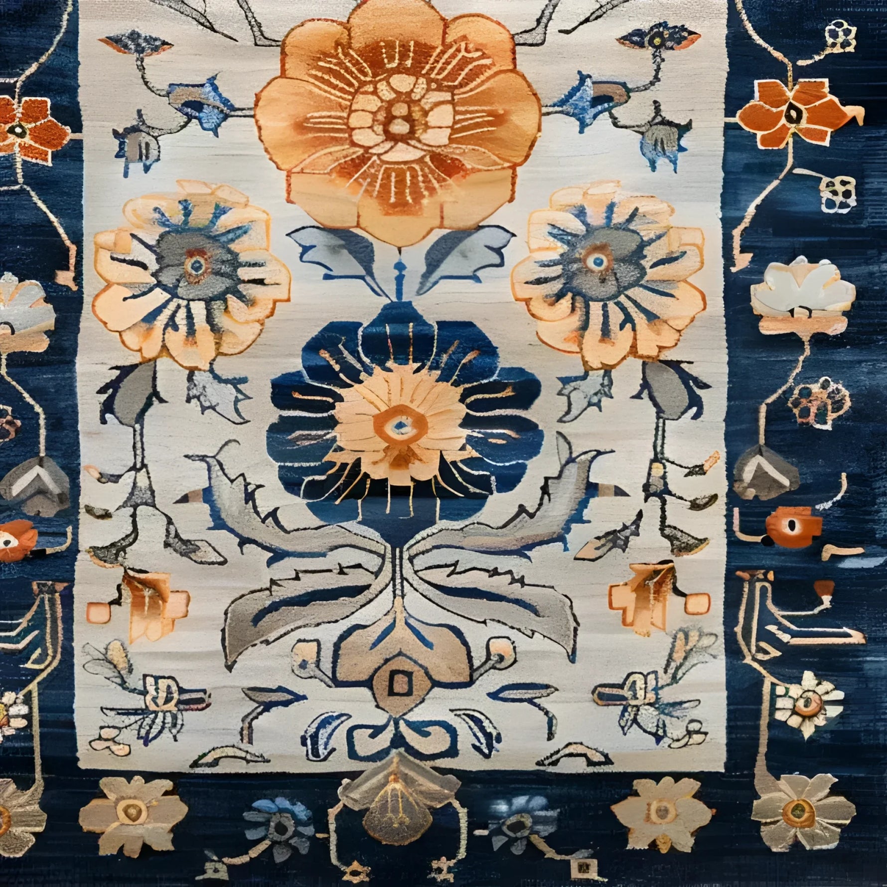 Close-up view of a Blue Blossom Edge Medium Hand Knotted Wool Rug, showcasing intricate Persian-inspired floral patterns in vibrant shades of blue, orange, and beige. This large area rug is perfect for adding a touch of elegance to any bedroom, making it an ideal choice for those seeking quality rugs for bedroom spaces.