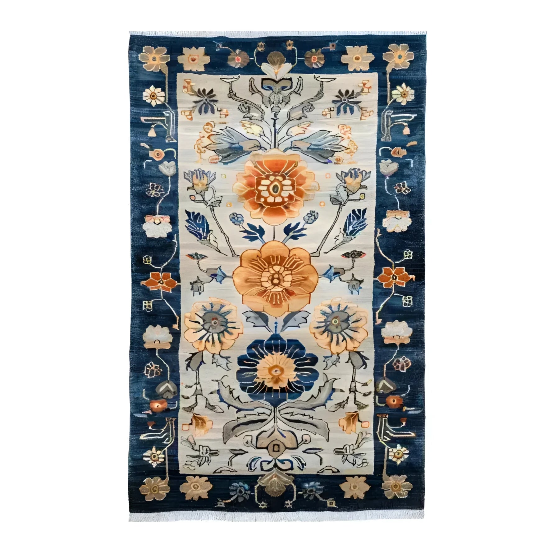 Beautiful Blue Blossom Edge Medium Hand Knotted Wool Rug, showcasing intricate Persian design with floral patterns, perfect for living room area rugs. This 8x10 wool rug features vibrant blue and orange hues, adding elegance to any living space.