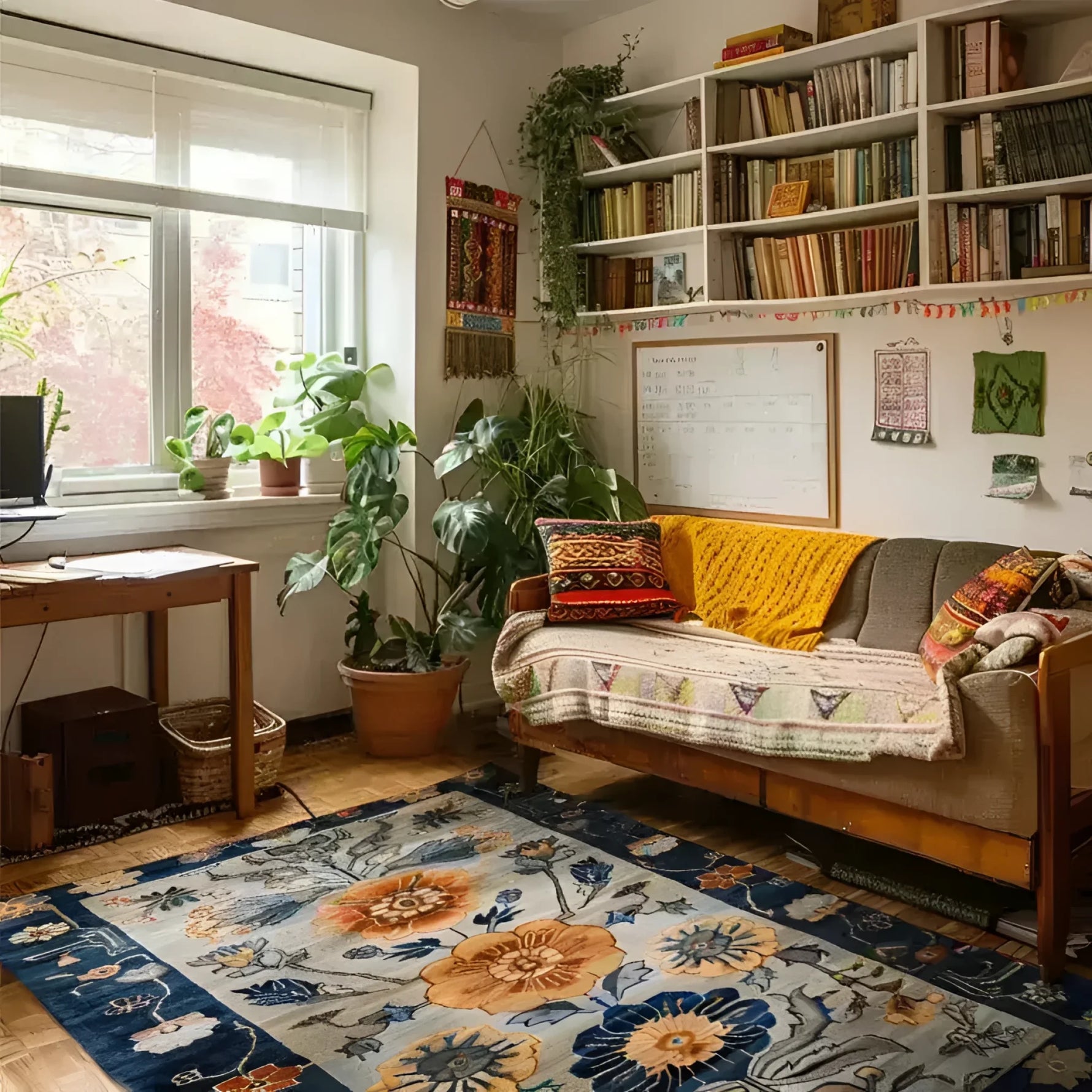 A cozy living room featuring a Blue Blossom Edge Medium Hand Knotted Wool Rug. This elegant area rug, resembling traditional Persian rugs, adds warmth and style to the space. The rug's 8x10 size is perfect for living room settings, complementing the wooden floor and vintage sofa adorned with colorful cushions and throws. Lush green plants by the window enhance the inviting atmosphere.