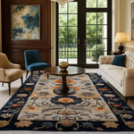 A beautifully decorated living room featuring a Blue Blossom Edge Medium Hand Knotted Wool Rug. This elegant area rug showcases intricate floral patterns in rich blue and orange tones, perfect for enhancing a bedroom or living space. The wool rug is a large area rug that adds a touch of Persian-inspired design, making it ideal for those seeking stylish rugs for the bedroom.