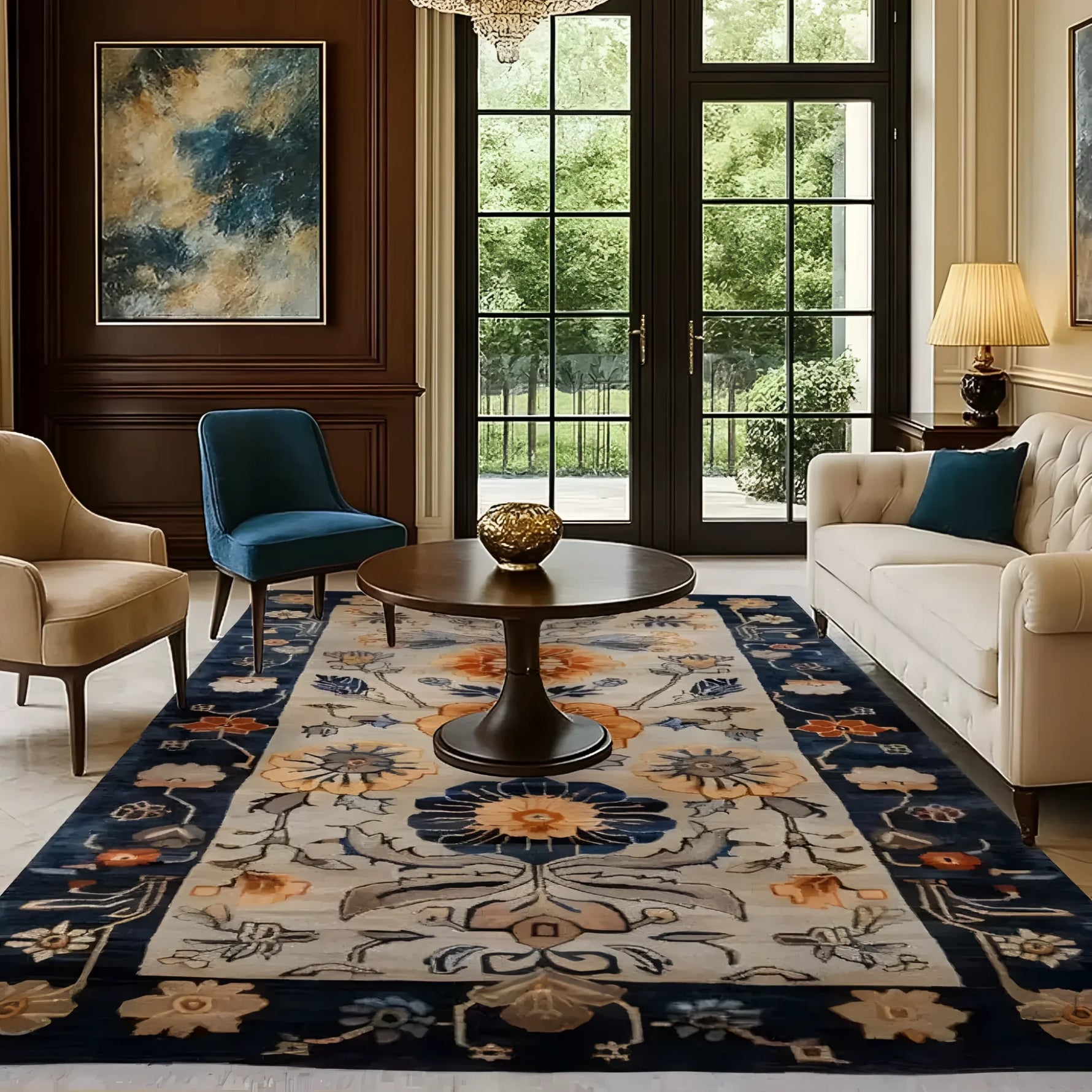 A beautifully decorated living room featuring a Blue Blossom Edge Medium Hand Knotted Wool Rug. This elegant area rug showcases intricate floral patterns in rich blue and orange tones, perfect for enhancing a bedroom or living space. The wool rug is a large area rug that adds a touch of Persian-inspired design, making it ideal for those seeking stylish rugs for the bedroom.