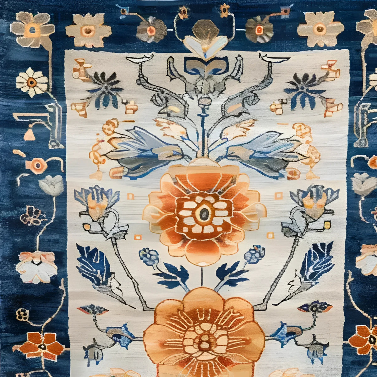 A close-up view of a Blue Blossom Edge Medium Hand Knotted Wool Rug showcasing intricate floral patterns. This elegant area rug features vibrant blue and orange floral designs, perfect for adding a touch of Persian-inspired style to any bedroom. Ideal as a bedroom area rug, this wool rug offers a luxurious feel and a sophisticated look.