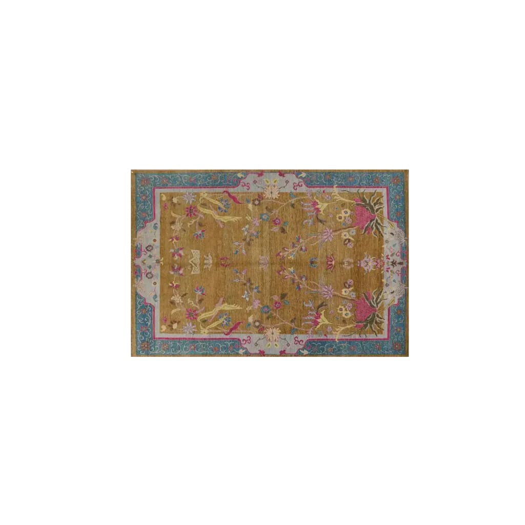 Blue Bordered Spring Floral in the Golden Sky Wool Hand Knotted Area Rug - MAIA HOMES