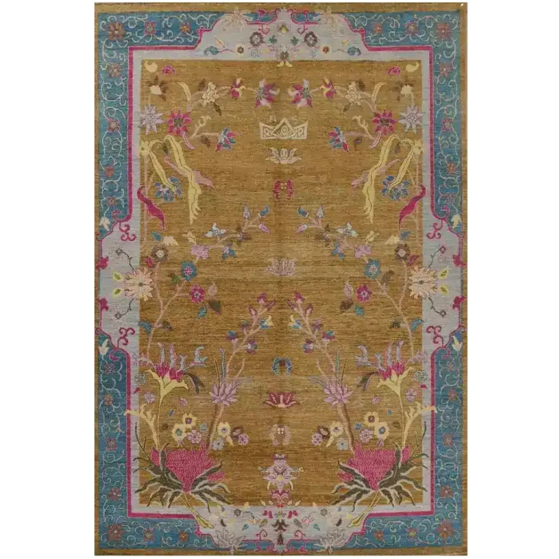 Blue Bordered Spring Floral in the Golden Sky Wool Hand Knotted Area Rug