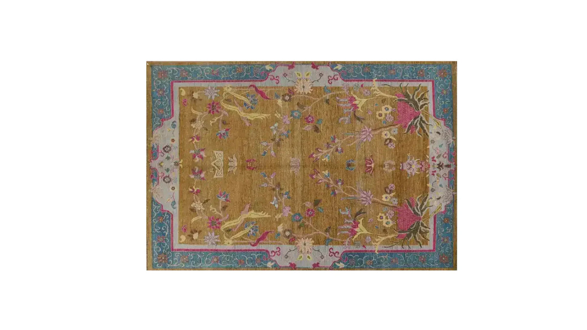 Blue Bordered Spring Floral in the Golden Sky Wool Hand Knotted Area Rug - MAIA HOMES