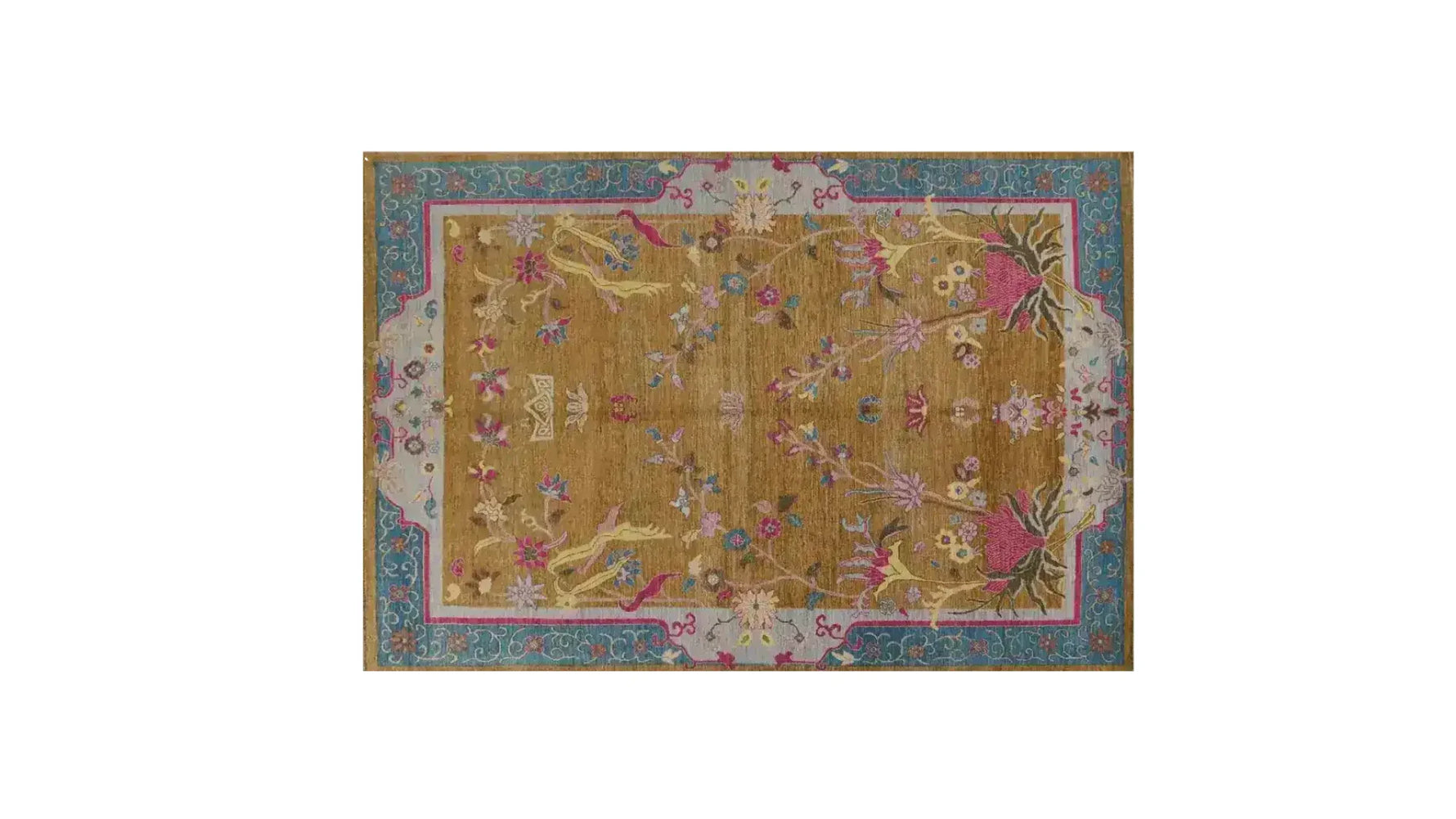 Blue Bordered Spring Floral in the Golden Sky Wool Hand Knotted Area Rug - MAIA HOMES