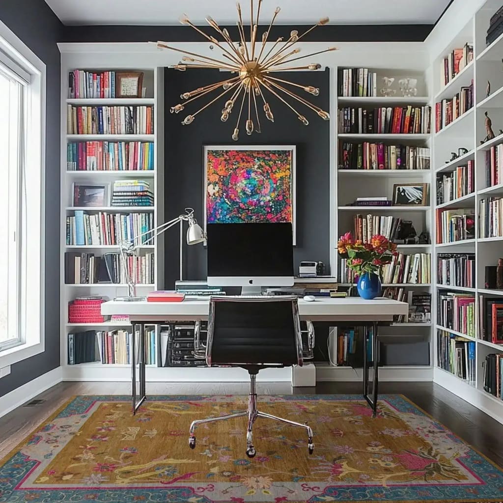 Stylish home office featuring a Blue Bordered Spring Floral in the Golden Sky wool hand-knotted area rug. The area rug adds vibrant flair to the room, perfect for a dining room or as a standout piece among rugs for living room spaces. Surrounded by bookshelves and modern decor, it enhances the living room ambiance.