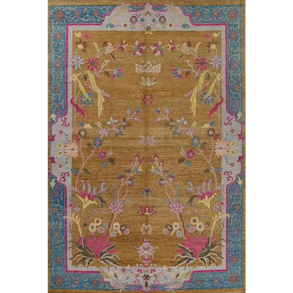 Blue Bordered Spring Floral in the Golden Sky Wool Hand Knotted Area Rug
