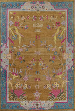 Blue Bordered Spring Floral in the Golden Sky Wool Hand Knotted Area Rug