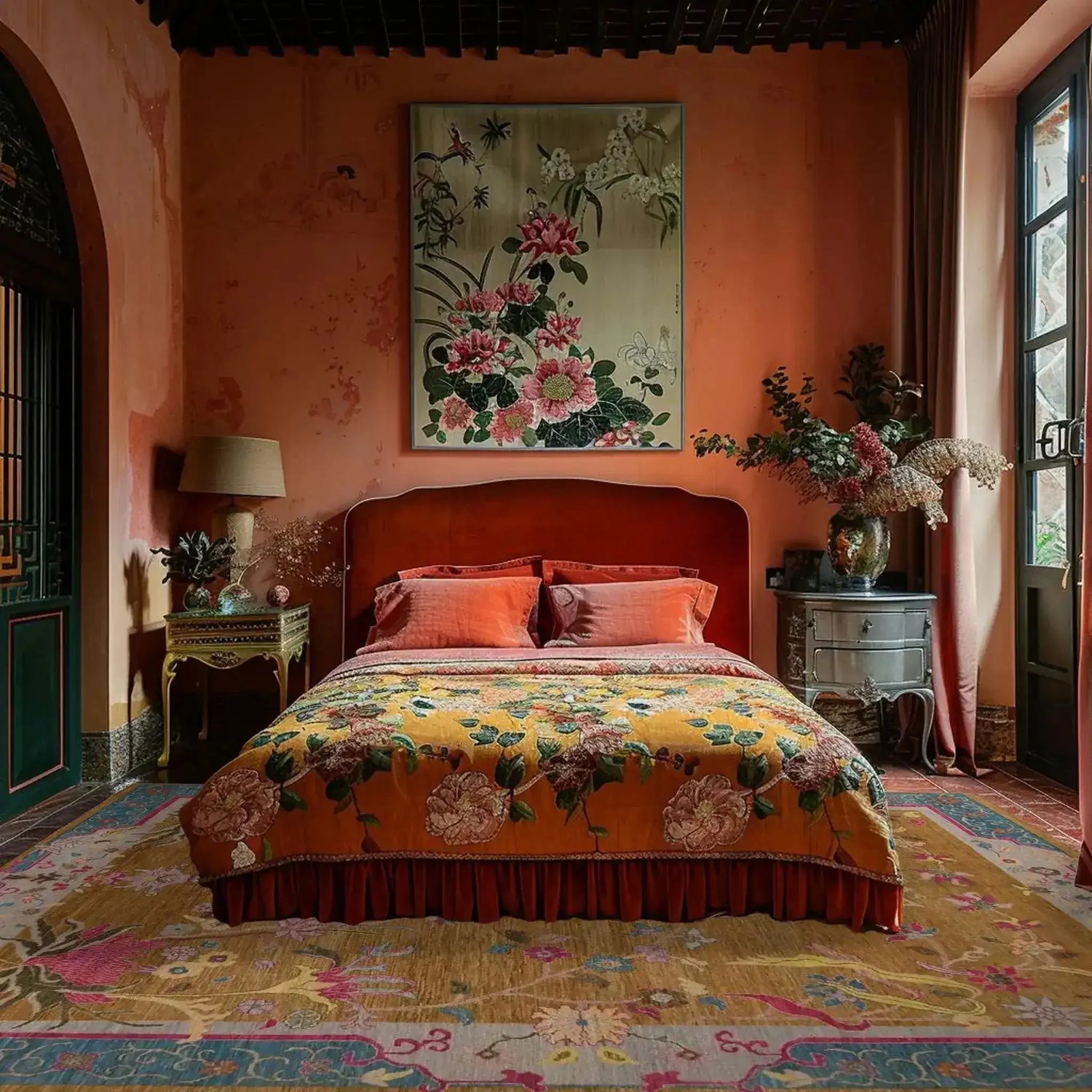 Elegant bedroom featuring a Blue Bordered Spring Floral in the Golden Sky Wool Hand Knotted Area Rug. The vibrant area rug complements the warm tones of the room, making it perfect for dining rooms or as a living room area rug. The intricate floral patterns add a touch of sophistication to the cozy space.
