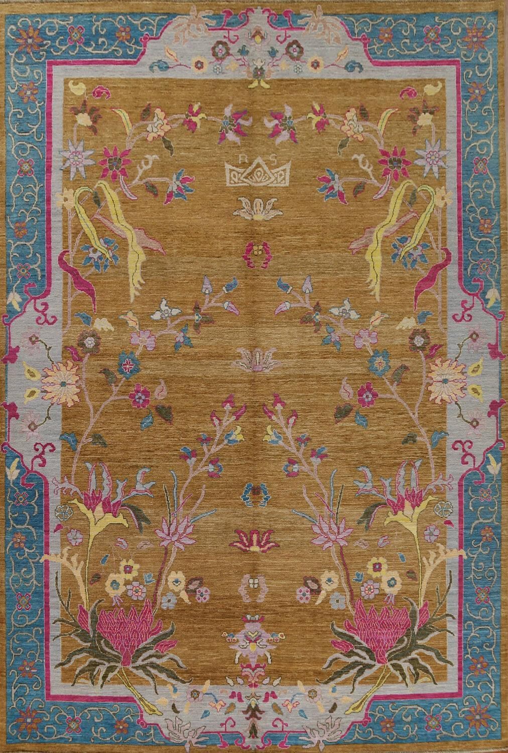 Blue Bordered Spring Floral in the Golden Sky Wool Hand Knotted Area Rug