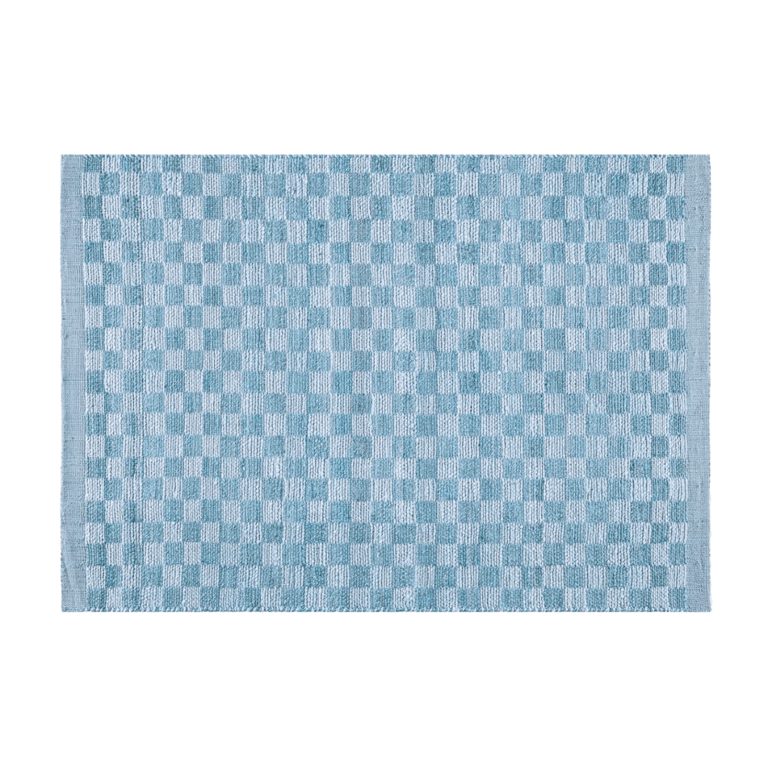 Blue Checkered Jute Rug with Fringe