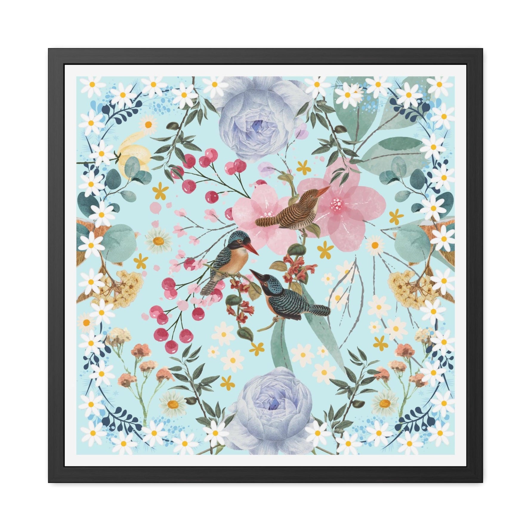 Blue Chinoiserie Flowers and Birds Poster Wall Art 30″ x 30″ (Square) Semi Glossy