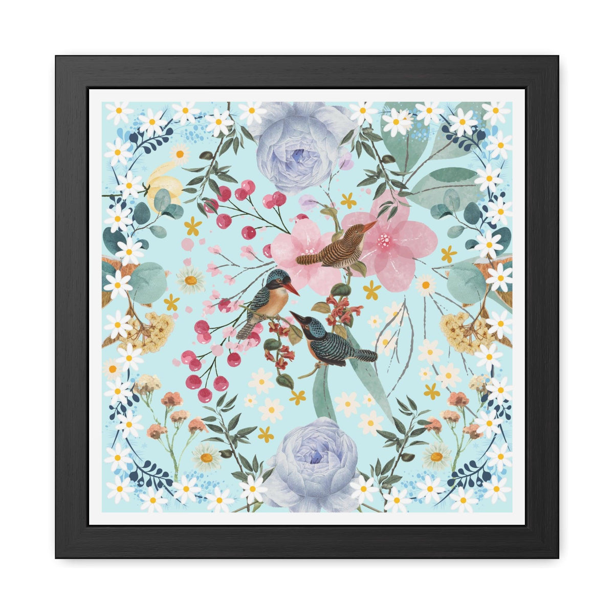 Blue Chinoiserie Flowers and Birds Poster Wall Art 16″ x 16″ (Square) Semi Glossy