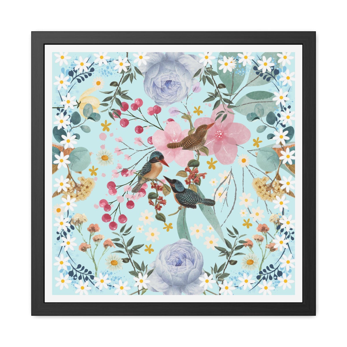 Blue Chinoiserie Flowers and Birds Poster Wall Art 24″ x 24″ (Square) Semi Glossy