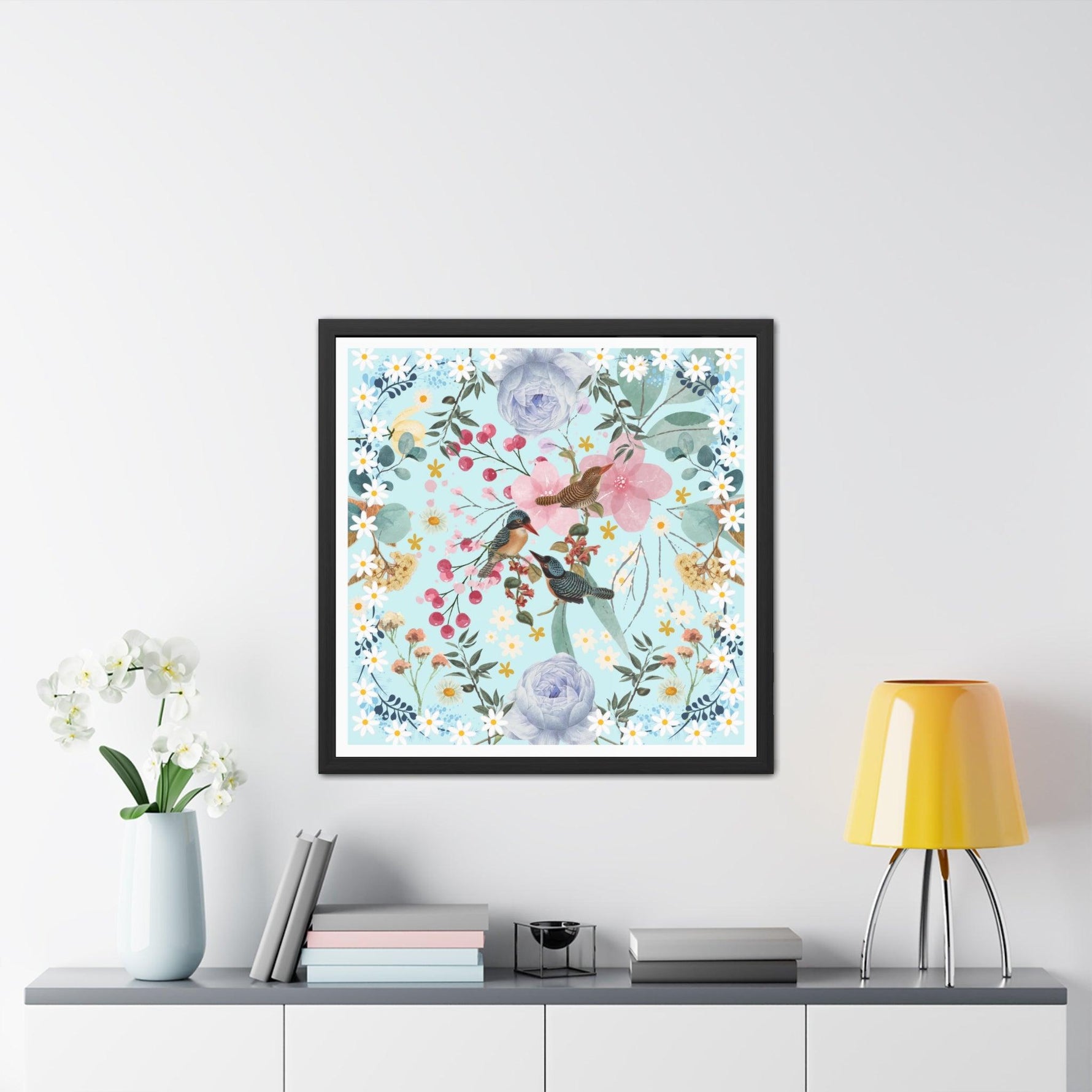 Blue Chinoiserie Flowers and Birds Poster Wall Art