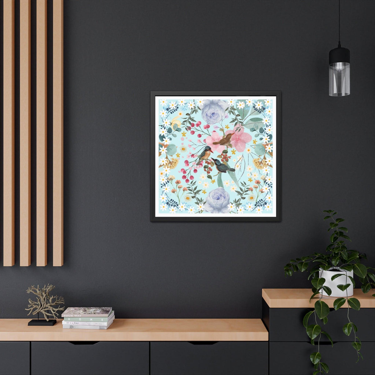 Blue Chinoiserie Flowers and Birds Poster Wall Art