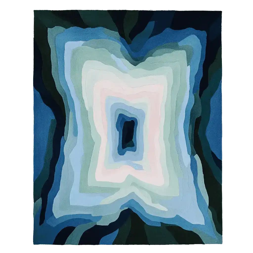 Top view of the Blue Depth Vortex Hand Tufted Rug, an area rug with a contemporary design. Featuring a bold, abstract pattern in shades of blue, green, and white, this wool rug is perfect for adding a modern touch to living room area rugs. Ideal for those looking for stylish rugs for living rooms.
