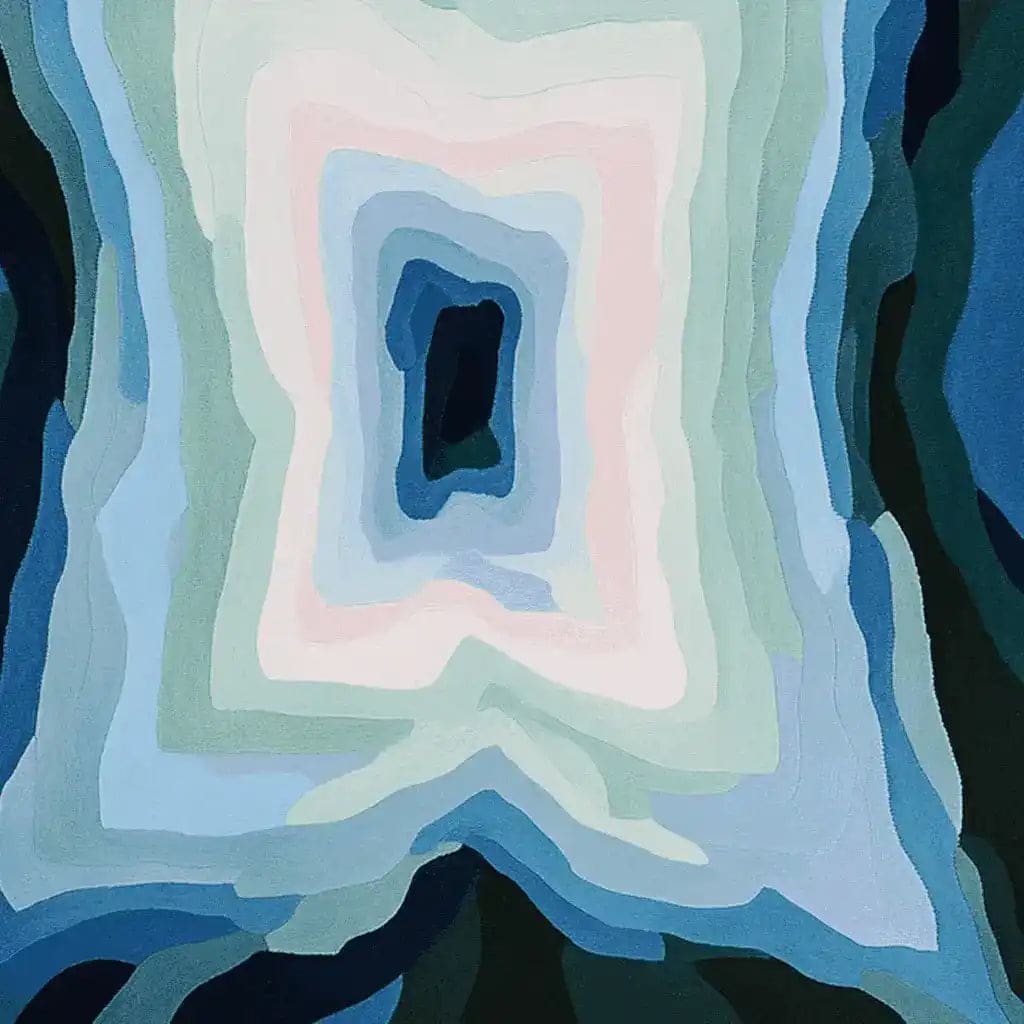 Top view of the Blue Depth Vortex Hand Tufted Area Rug, showcasing its mesmerizing abstract design with swirling shades of blue and green. Perfect for adding a contemporary touch to living room area rugs, this wool rug brings a dynamic visual appeal to any space.