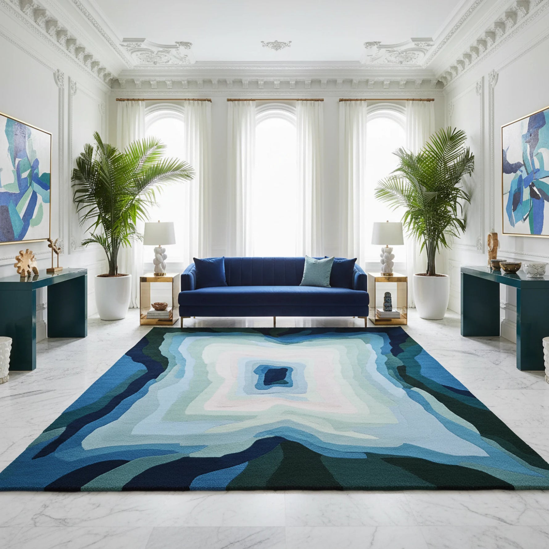 Modern living room with a blue sofa, patterned rug, and decorative plants.