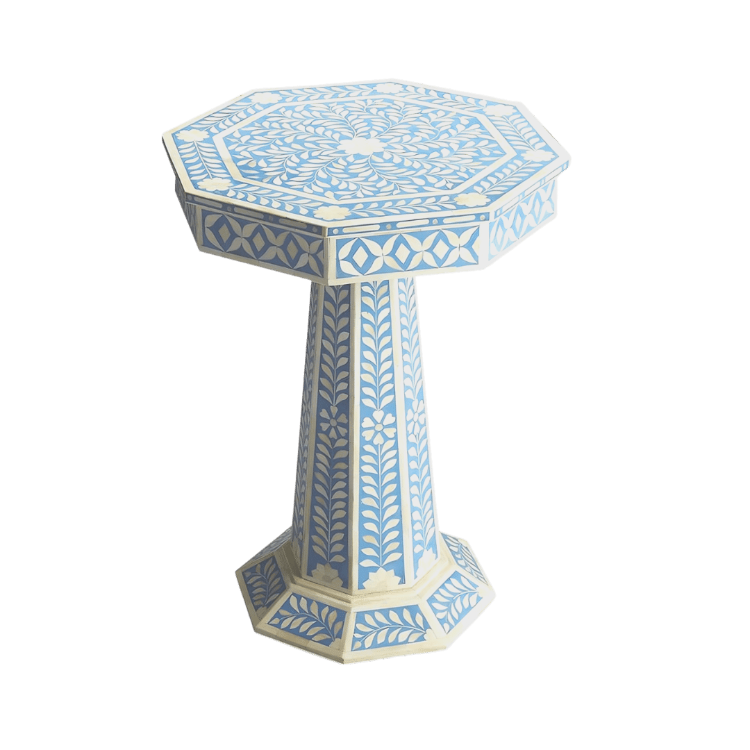 Blue Floral Bone Inlay Pedestal Side Table - MAIA HOMES