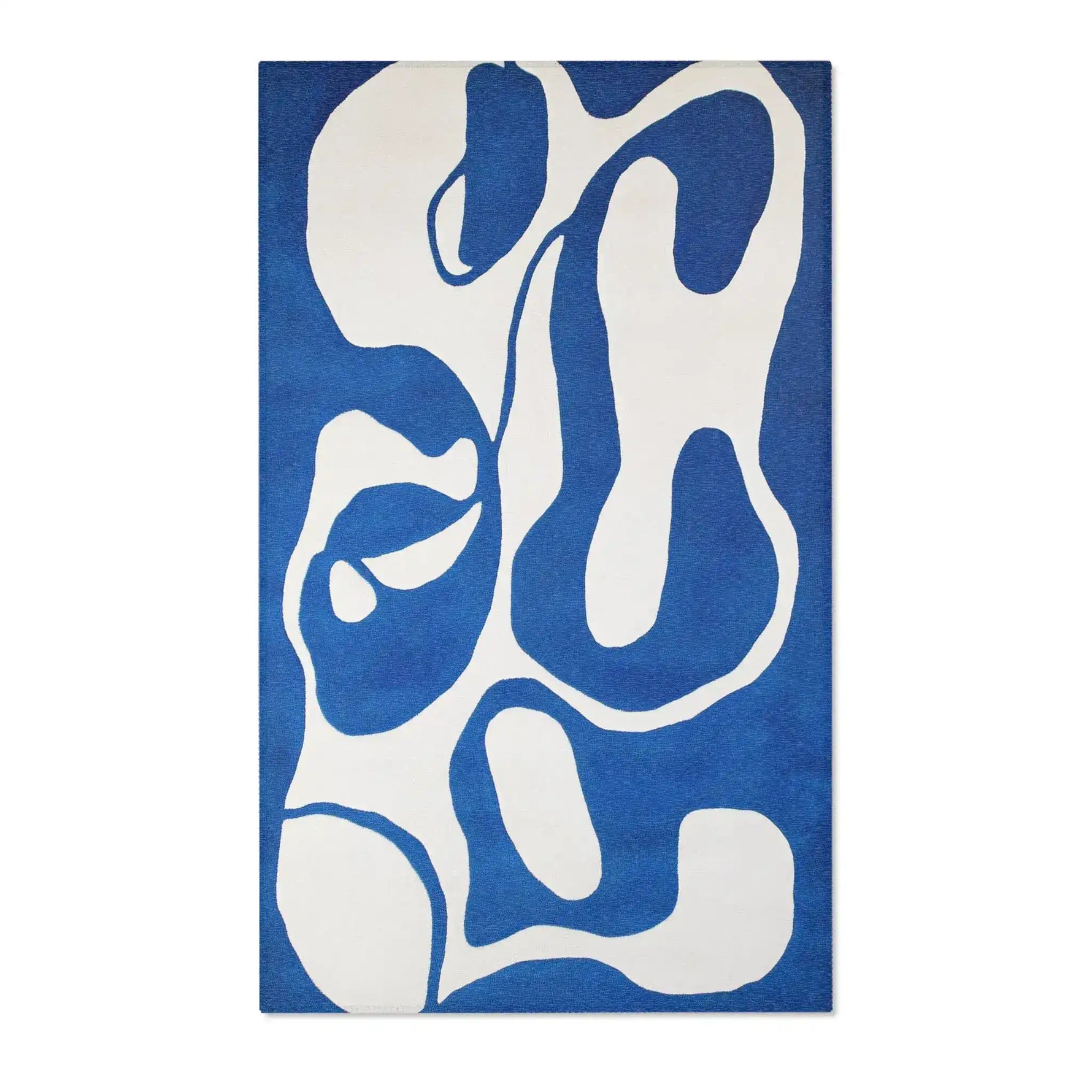 Royal blue and off-white abstract flowing rug with organic rounded forms, flat lay portrait