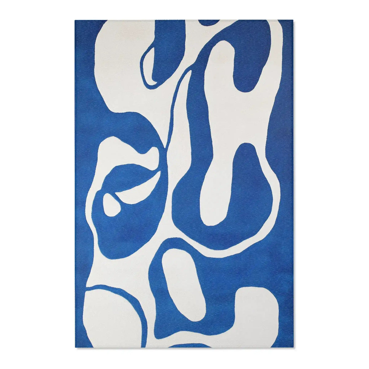 Blue and cream abstract modern rug with fluid wave-like cutout pattern, light blue tones
