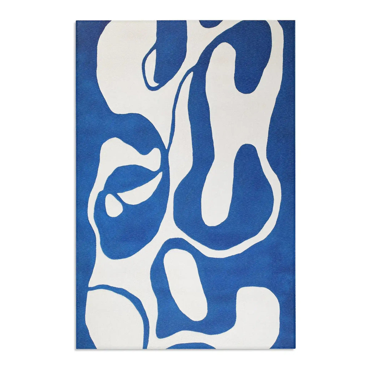Periwinkle blue and white abstract rug with fluid amoeba-like pattern, soft pile texture