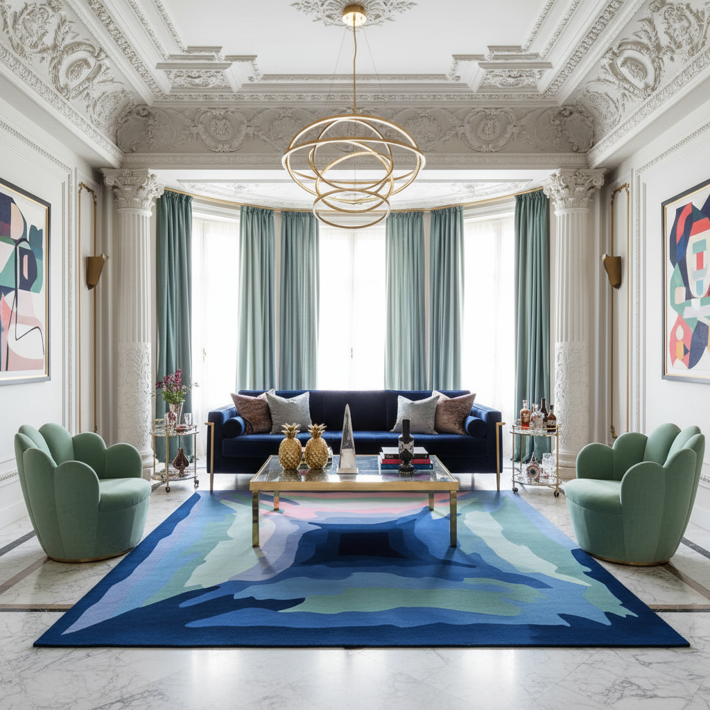 Luxurious living room with a blue sofa, green armchairs, and a colorful rug.