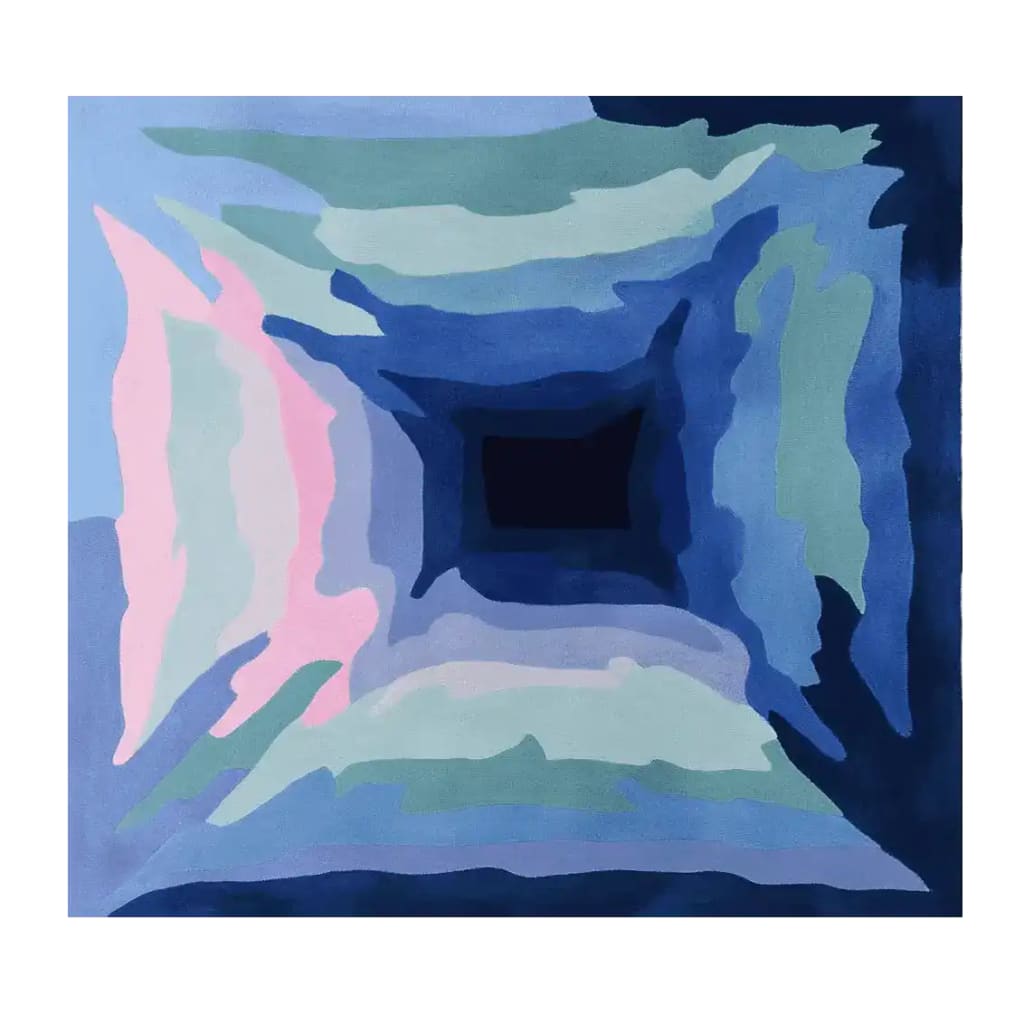 The Blue Haze Tunnel Hand Tufted Rug is a stunning area rug designed with a captivating abstract pattern. This contemporary rug features a blend of blues, greens, and subtle pinks, creating a mesmerizing tunnel effect. Perfect for large living rooms, this wool rug measures 8x10, offering both style and comfort.