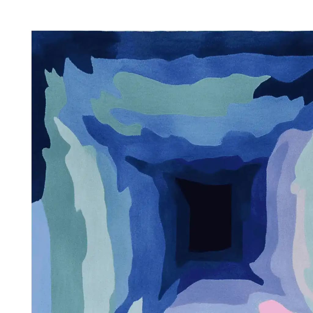 A captivating abstract design on the Blue Haze Tunnel Hand Tufted Area Rug, featuring a blend of blue hues in an artistic pattern. Ideal for large living rooms, this contemporary wool rug offers a stylish touch to any space, measuring 8x10.