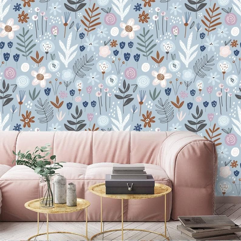 Blue Illustrated Floral and Fern Wallpaper