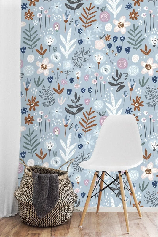 Blue Illustrated Floral and Fern Wallpaper - MAIA HOMES