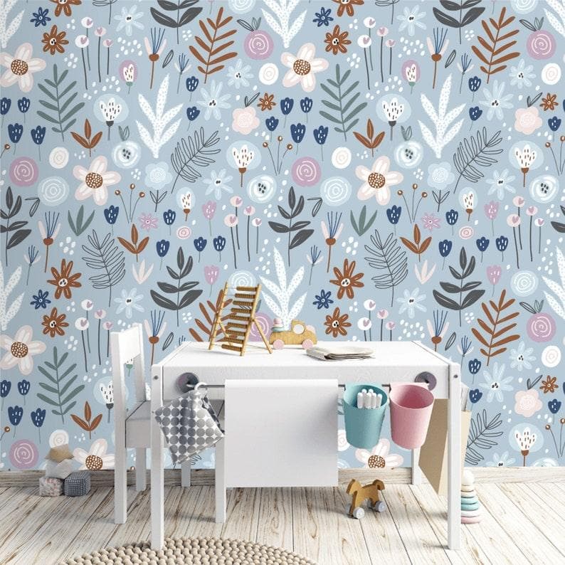 Blue Illustrated Floral and Fern Wallpaper