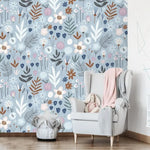 Blue Illustrated Floral and Fern Wallpaper