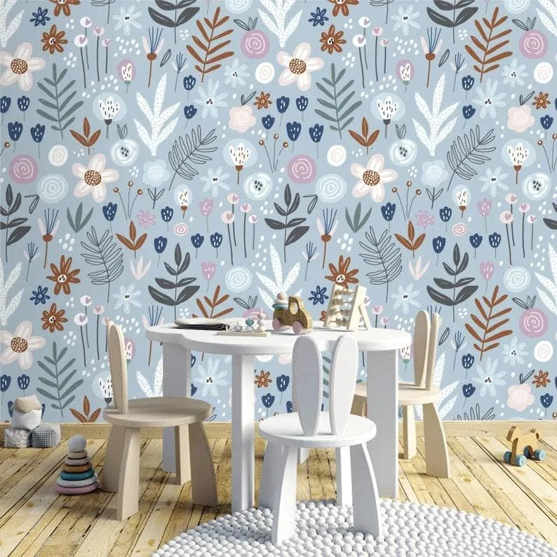 Blue Illustrated Floral and Fern Wallpaper