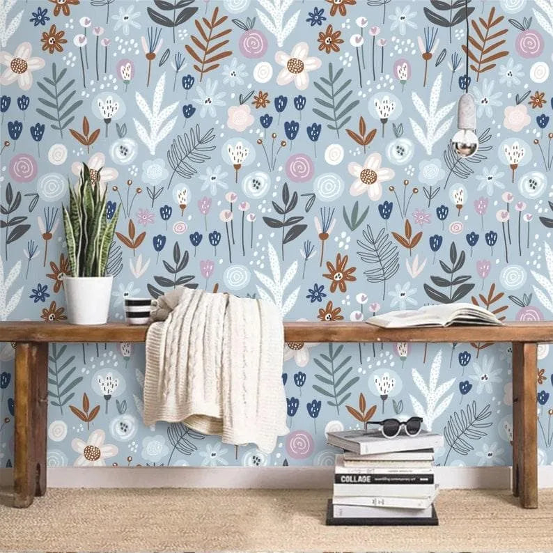 Blue Illustrated Floral and Fern Wallpaper